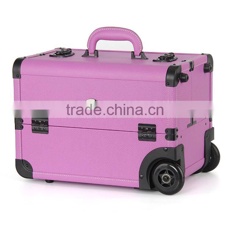 Purple professional rolling trolley makeup case with compartments for nail polishing artist
