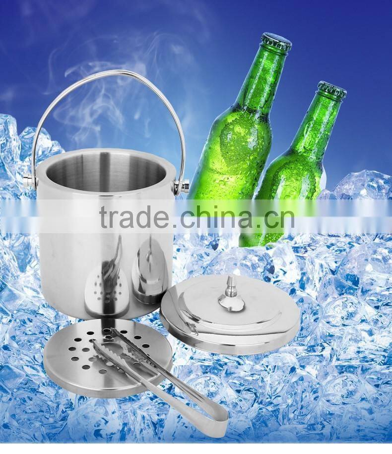 stainless steel beer Ice Bucket and Tongs with Bale Handle-double wall bar ice bucket