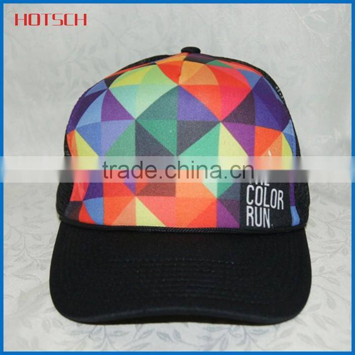 printed black 6 panel trucker cap