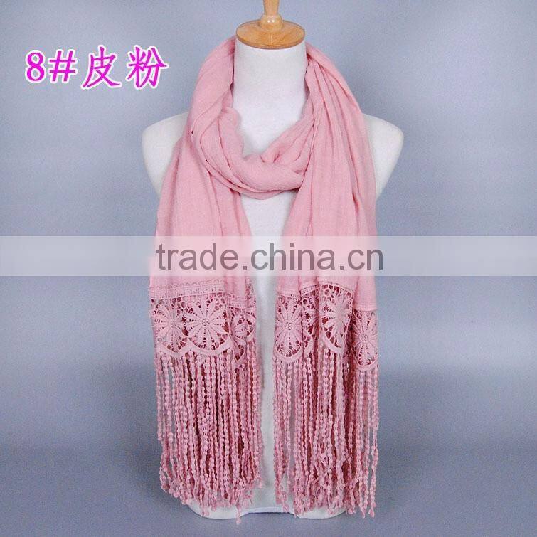 New Design Korea Women Fashion Cotton Plain Lace Scarf