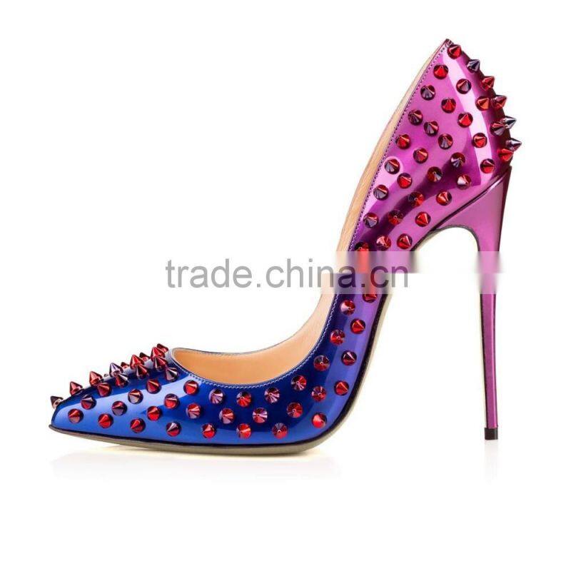 Catwalk Manufacturer Ladies Pointed Toe Dress Shoes Famous Brand Name Woman Stiletto Ombre Color Leather Sexy Spikes Women Heels