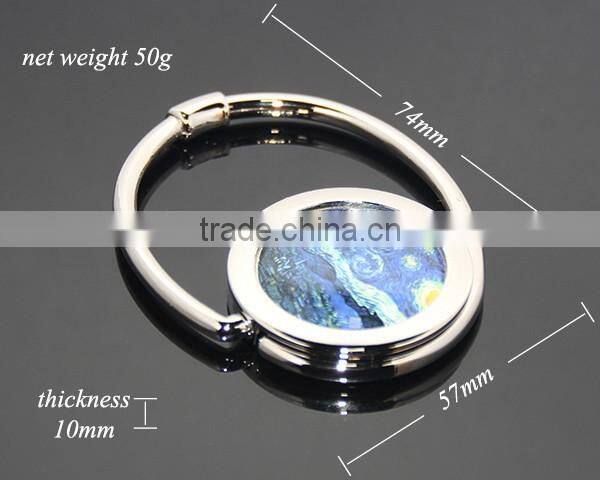 Round Shaped Starry Night Painting Portable Folding Alloy Purse Handbag Hook Metal Swivel Handbag Holder Shopping Bag Hanger