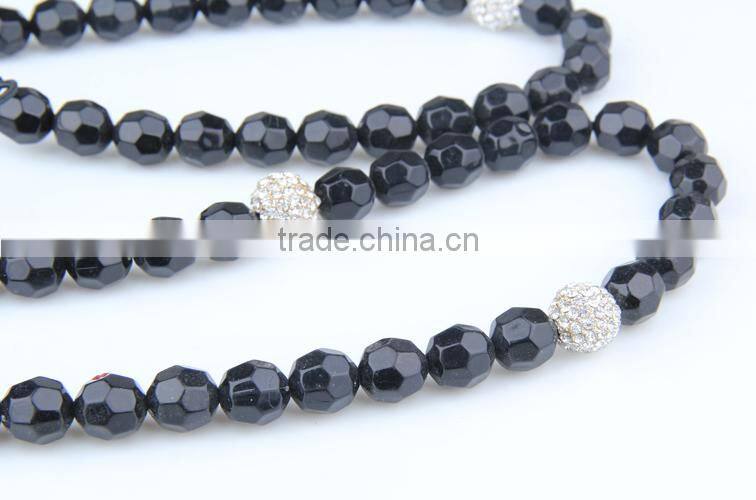 12mm Silver Micro Pave Ball and Black Plastic Faceted Ajustable Shamballa Necklace