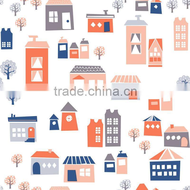 C10502 trees and house pattern natural fiber wallpaper