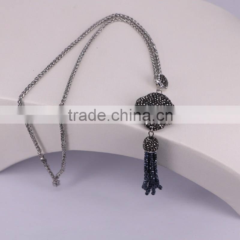 Clover Pendant Beads Tassel Necklace, Gem Stone Druzy Pendant, With Crystal Paved Crystal Tassel Jewelry, Stone Chain Necklace