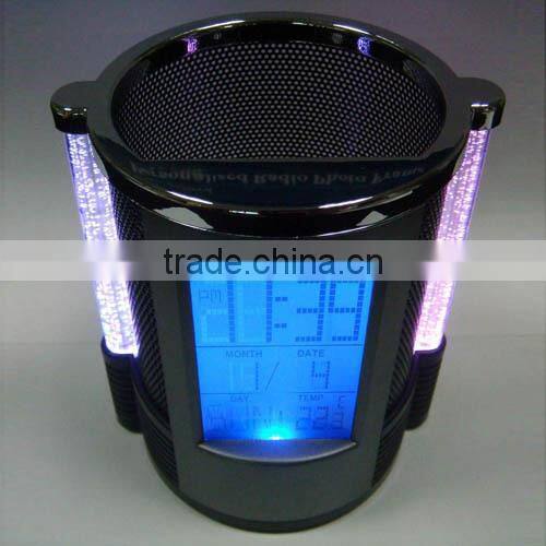 Digital LCD Desk ALarm Clock & Mesh Pen Holder Pens Rulers Office Tidy LED Light