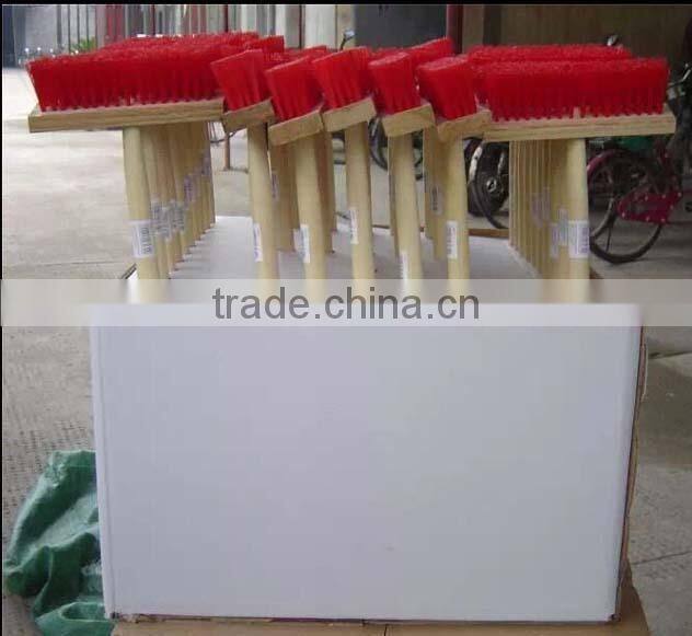 Floor plastic cleaning brush with long wooden handle