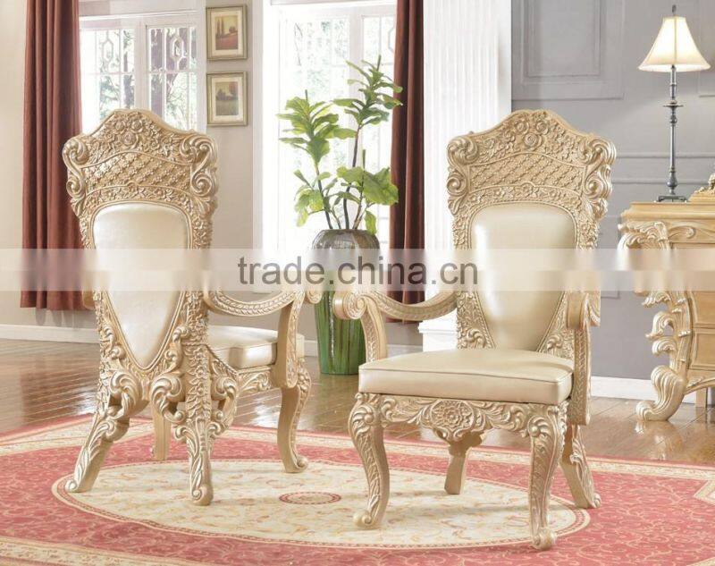Italian Palace Luxury Style Hand Carved Solid Wood Genuine leather Dining Chair/Arm Chair(MOQ=1 SET)