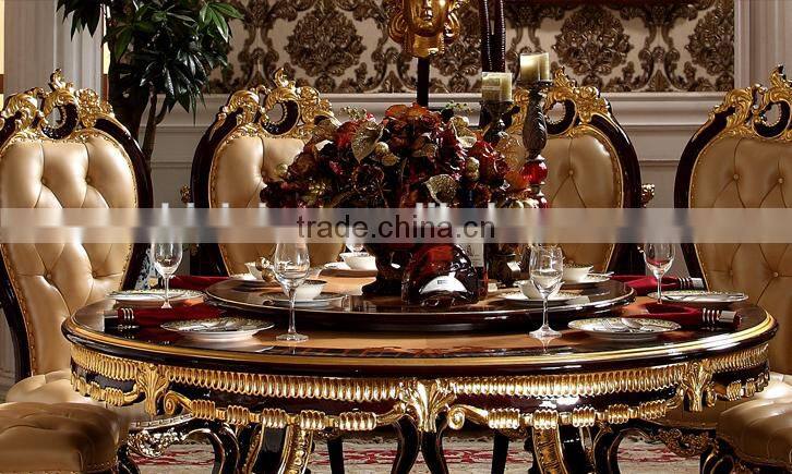 Neoclassical luxury solid wood hand carved dining room furniture gold color lazy susan round dining table