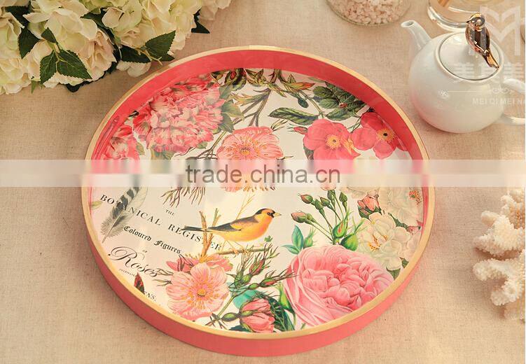 Coloured drawing or pattern pink round high-grade wooden serving tray,wooden bed tray