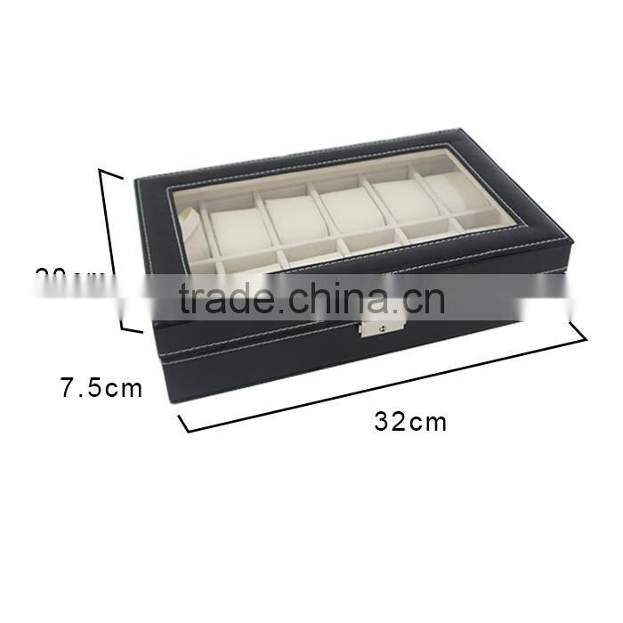 Black Leather 12 Mens Watch Box Glass Top Watch Display Case Organizer