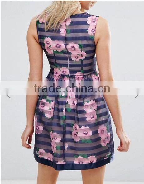 Floral Print pattern Stripe Organza Sleeveless Dress/women dress/clothing