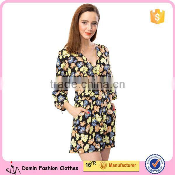 2015 Fashion Girls Long Sleeve Wrap Floral Printed Playsuits