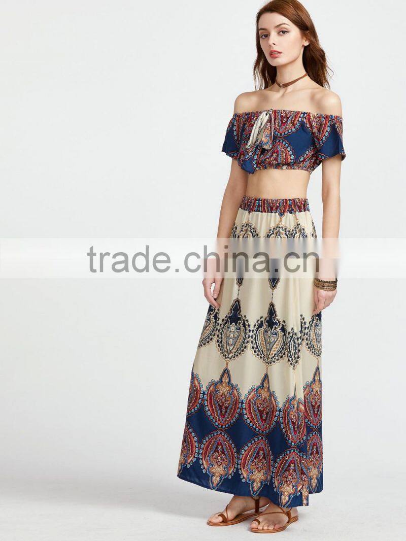 Vintage print off the shoulder crop top with skirt boho clothing top and long skirt set