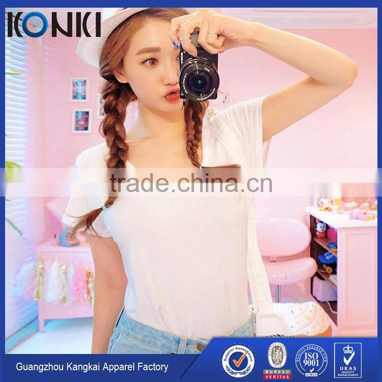 Lady's v neck curved hem cotton tee shirt blue color customized bulk wholesale printing Tee shirt