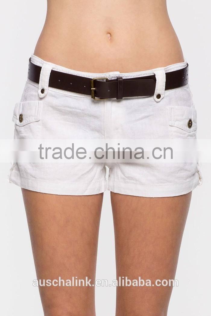summer nice design women white belted linen shorts wholesale