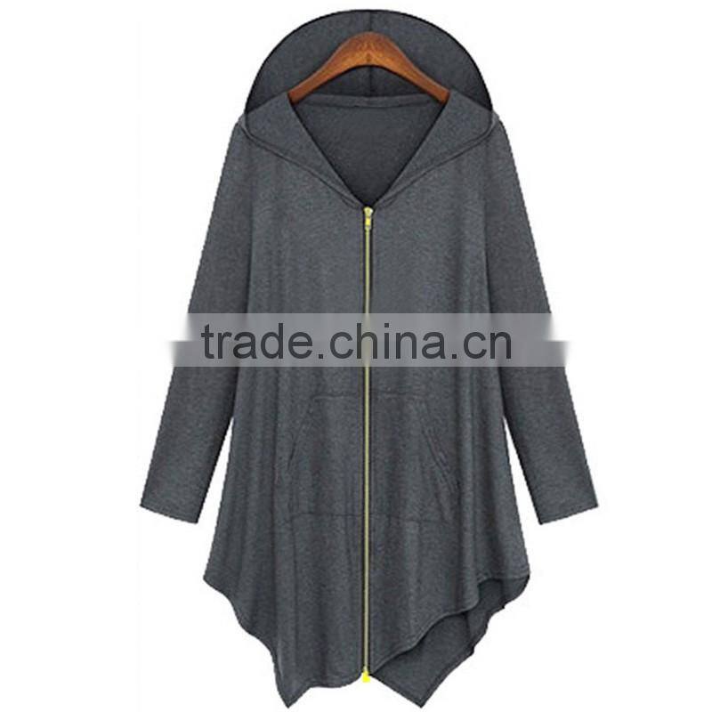 Cotton Trench Coat Women Autumn Winter Hoodied Overcoat Female Zipper irregularity Cardigans Grey Black Color Plus Size