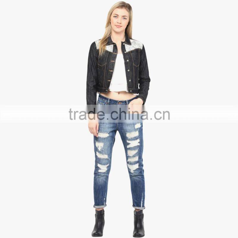 denim black jacket for women wit a little lace OEM services