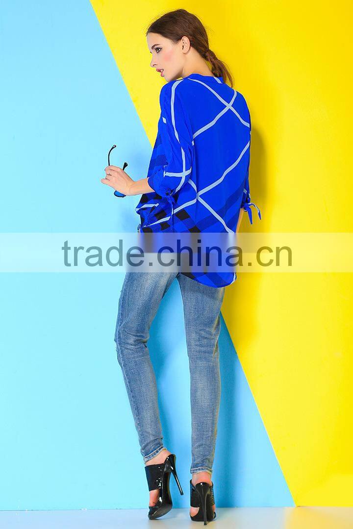 Two color 3/4 sleeve fashion design 2015 new design chiffon ladies blouse
