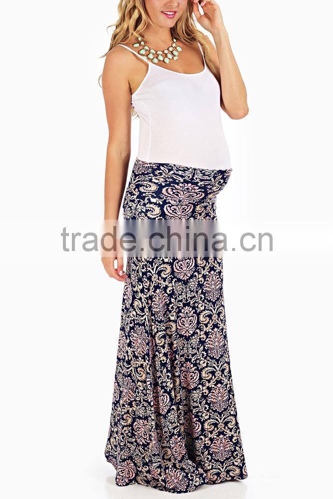PLUS SIZE CLOTHING NAVY BEIGE PINK DAMASK PRINTED MATERNITY MAXI SKIRT