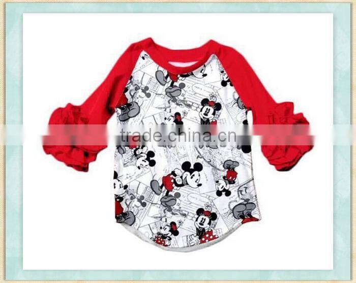 2017 Ruffle icing raglan shirt lovely mouse print long sleeve baby girls top wholesale children clothes