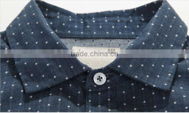 latest blue 100% cotton cowboy/jeanet long sleeve casual shirts for men with dots and spread collar