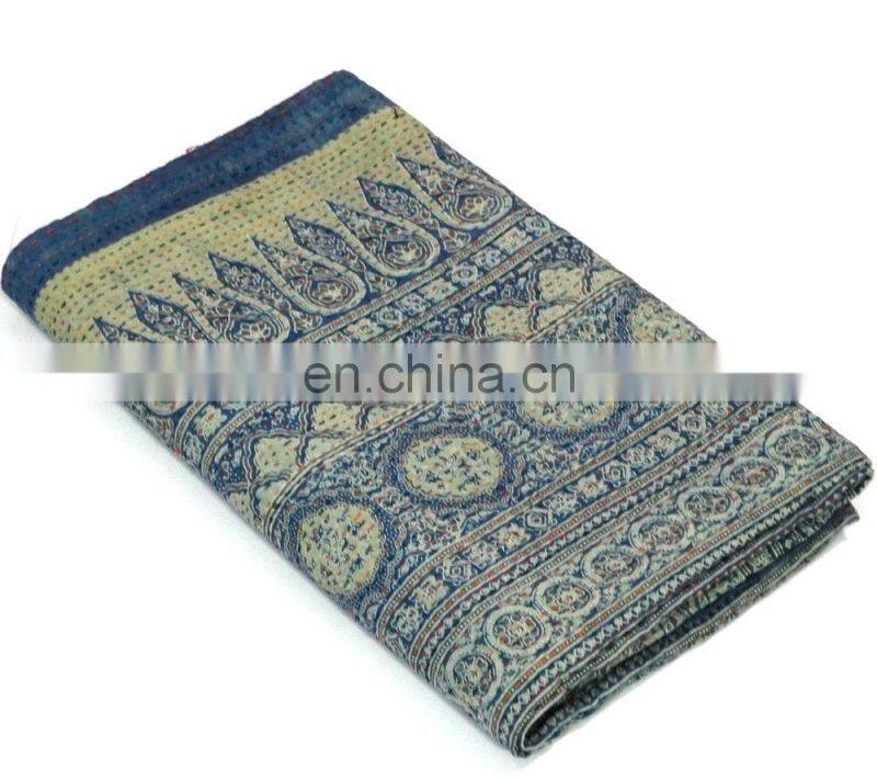 Handmade Ajrakh Kantha Quilt Throw Queen Size Ajrakh Bedcover Ajrakh Block Print Kantha Bedspread Blanket