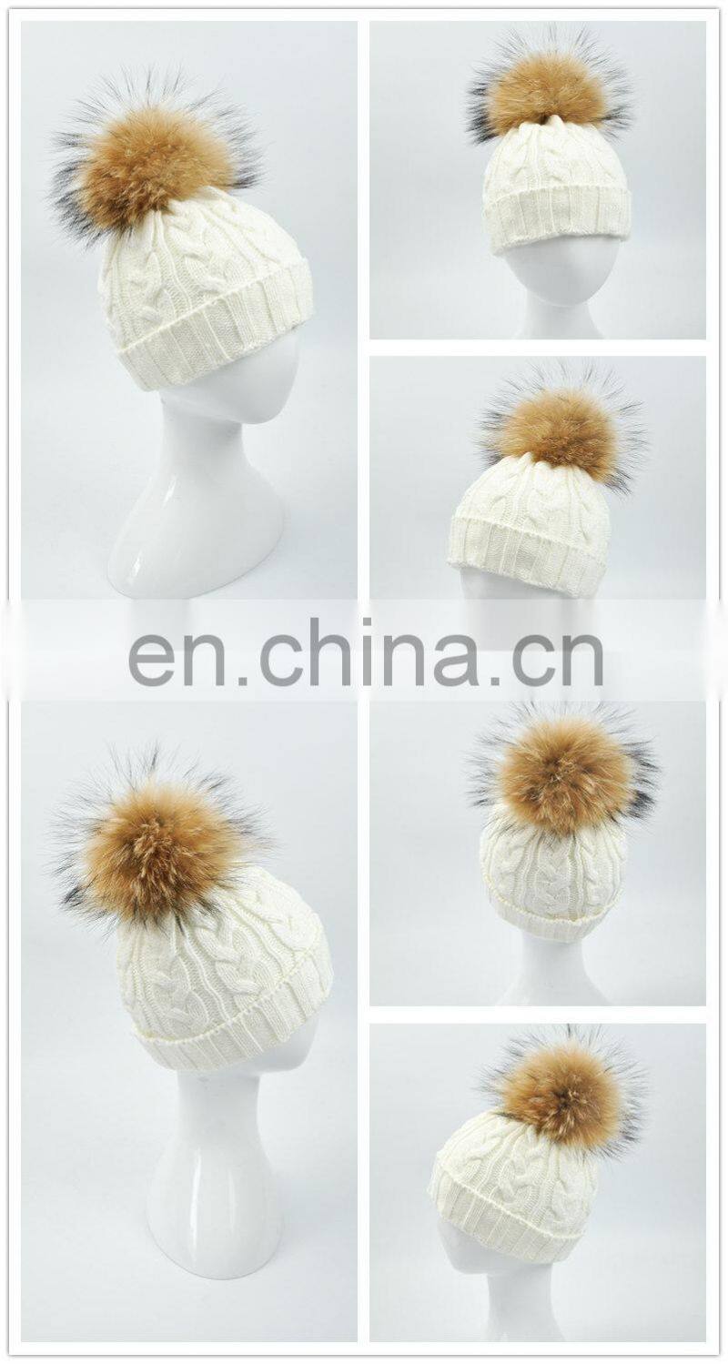 Wholesale Handmade Thick Warm Winter Hat With Natural Raccoon Fur Ball Knitting Baby Beanie