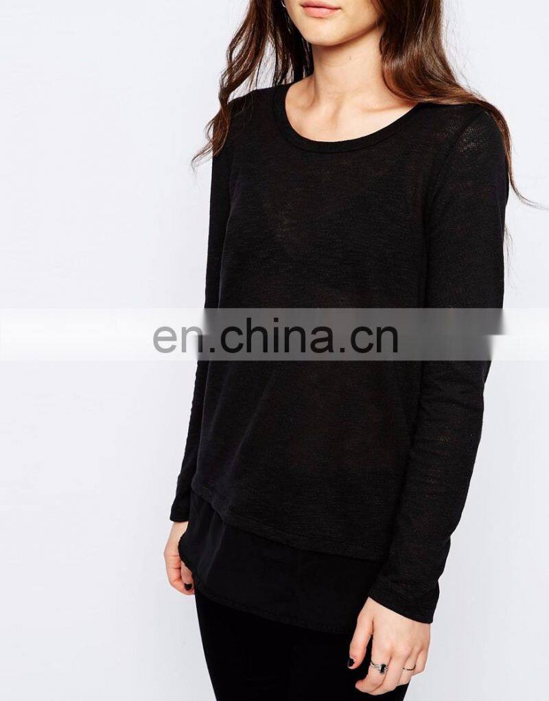 High quality woman knit Long sleeves blouse in black color with chiffon hem
