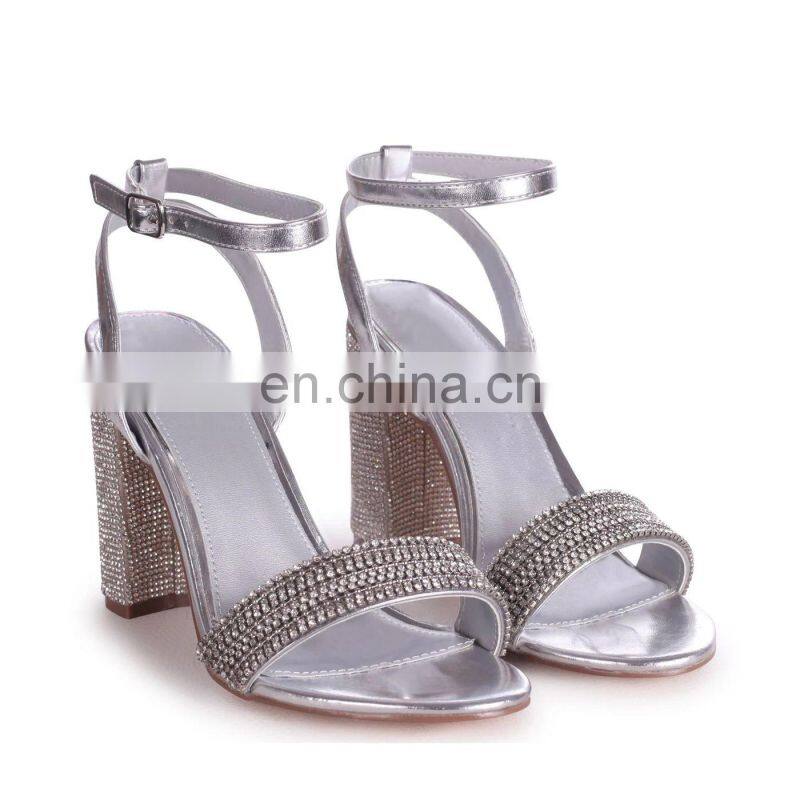 Ladies latest design high heels silver diamante embellished block heel women party sandals shoes other colors are available