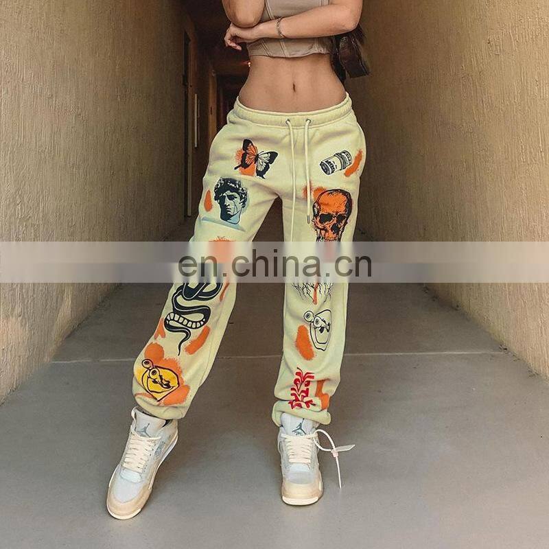 2021 autumn and winter new fashion street trend multi-pattern printing strap thick warm casual pants
