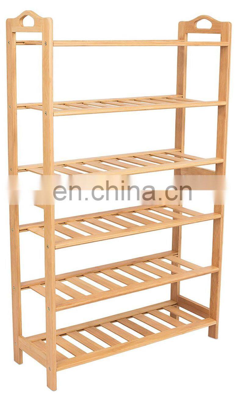 HOME Free Standing Bamboo Shoe Rack with Handles | 6 Tier | Wood | Closets and Entryway | Organizer | Fits 18 Pairs