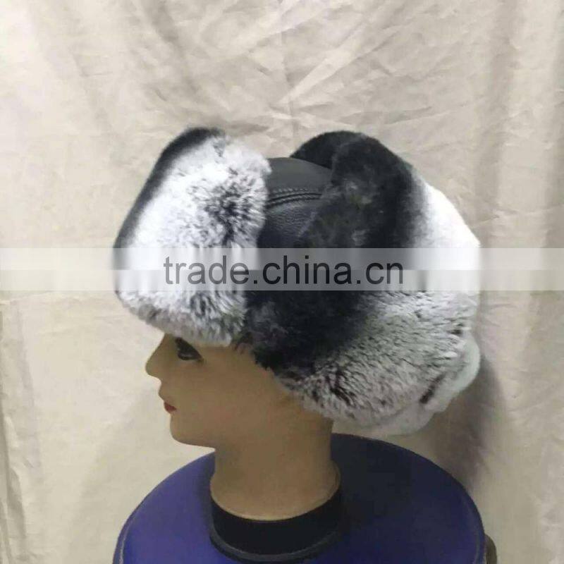 Russian Style Genuine Leather Hat With Real Rex Rabbit Fur Bomber Hat Winter Hat