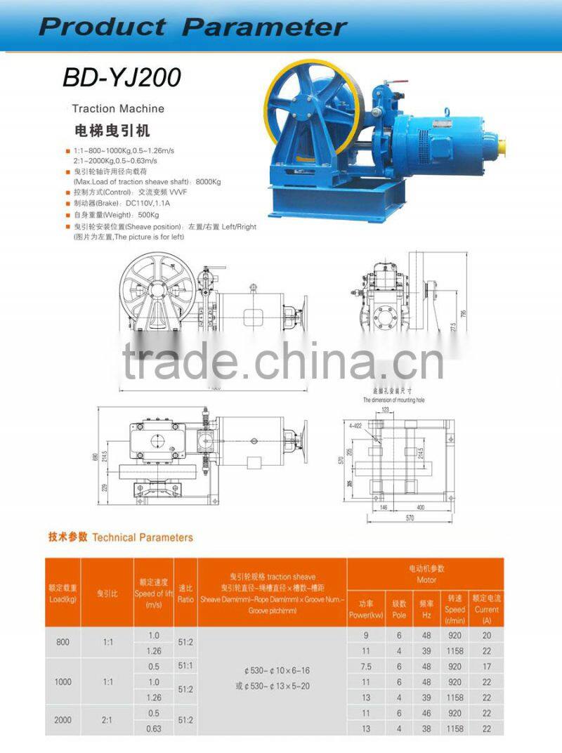 VVVF Elevator Geared Traction Machine BD-YJ200, Lift Motor