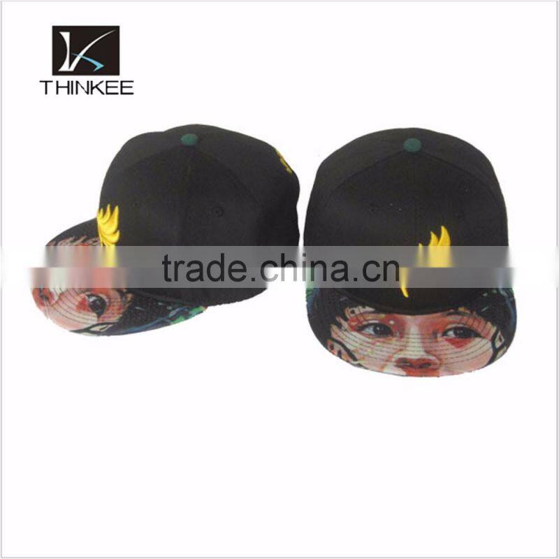 fashion custom 3d embroidery logo 5 panel snapback cap/hat with digital printed brim