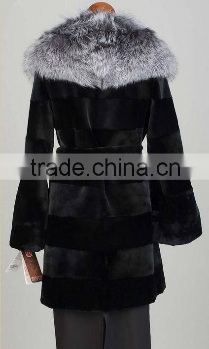 rex14063 100% real black rex rabbit fur coat with fox fur hood