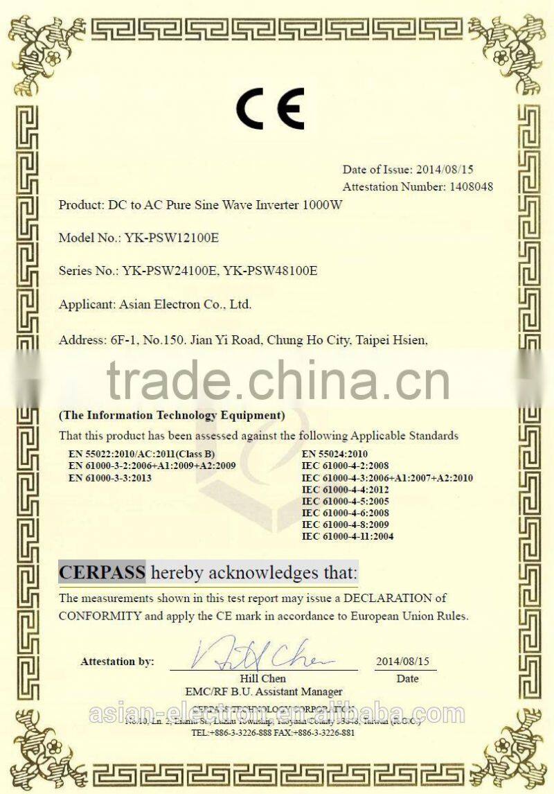 1000W power inverter with 100~120VAC or 200~240VAC output CE LVD FCC Class B
