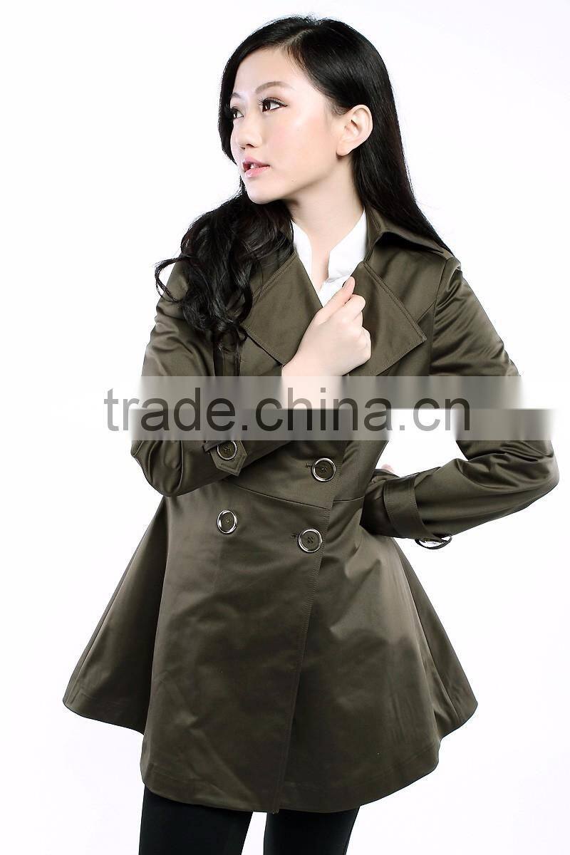 Women Wind Coats Turn Down Collar Double Breast Slim Trench Coat Green Navy Color