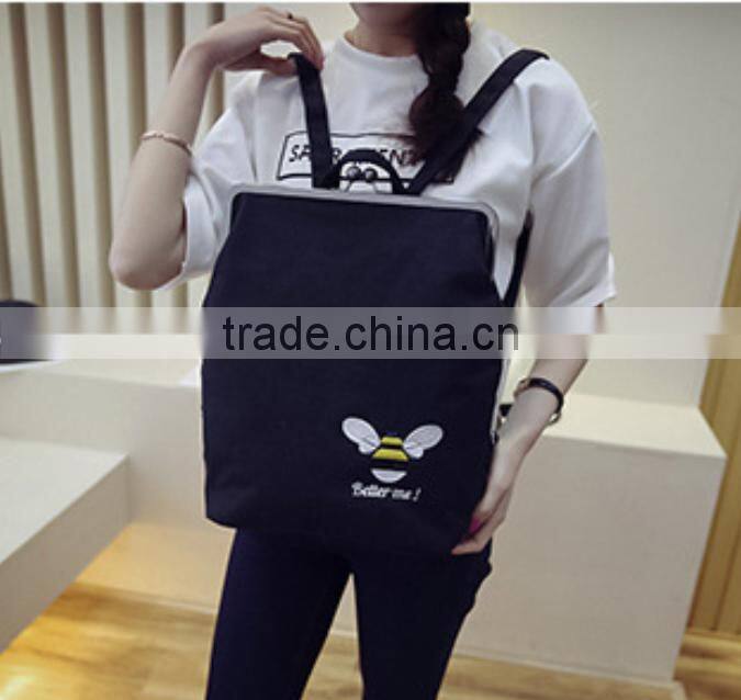 2016 new design backpack fashion lady's tote bag canvas backpack with kiss buckle