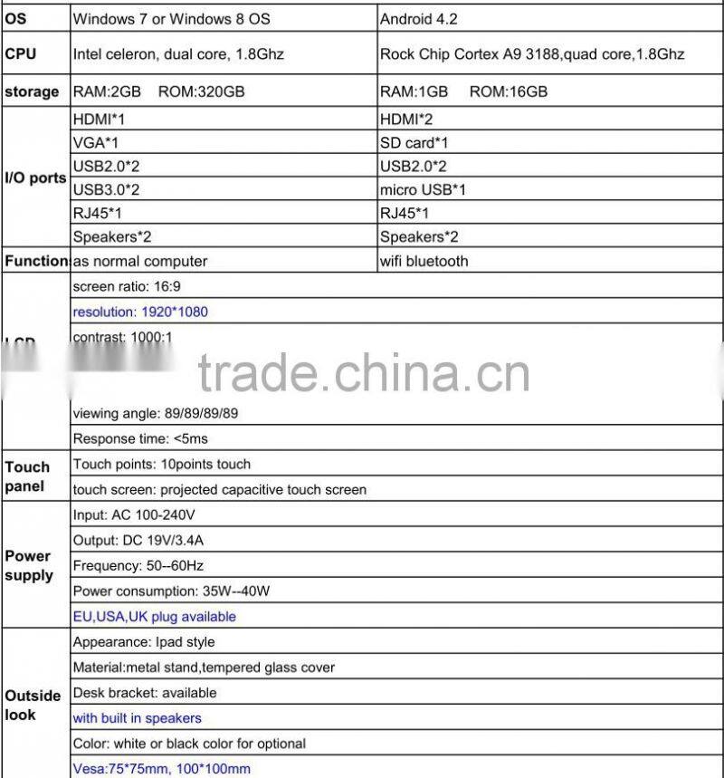 Intel dual core 1.8Ghz Ram 2GB Rom 320GB capacitive touch table with H DMI VGA USB RJ45 function
