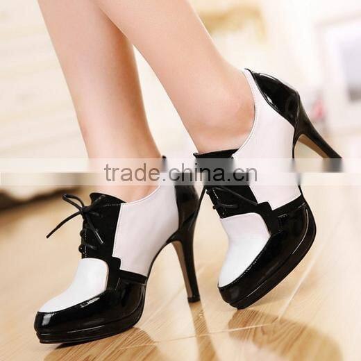 2015 Sexy Genuine Leather High Heel Ankle Boots Fancy Double Color Lace Up High Heel Pump Dress Shoes CP6684