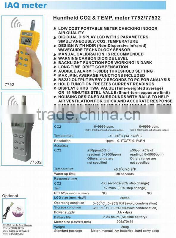 Handheld Low Cost Carbon Dioxide CO2 Detector CO2/Temperature Meter Alarm RS232 Output AZ7752