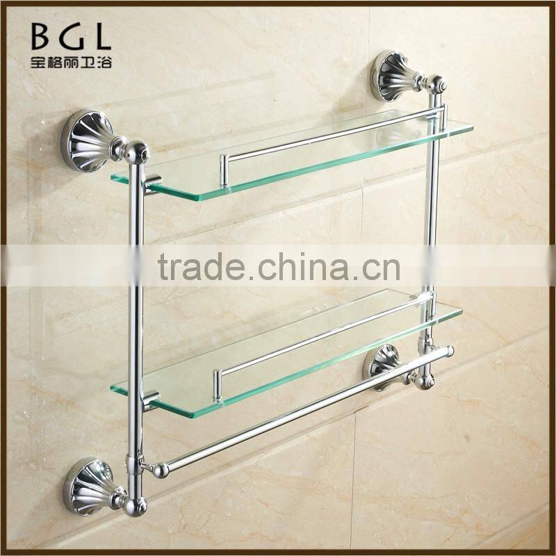 11102 hot sale zinc alloy chrome bathroom accessories double glass shelf