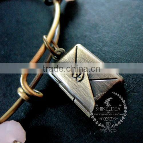 vintage bronze antiqued envelope locket love letter pink glass beads wish charms fashion women wiring bangle bracelet 6450028