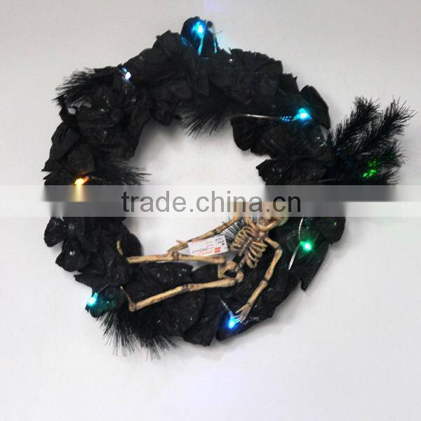 lightup halloween wreath with black rose and plastic skeleton