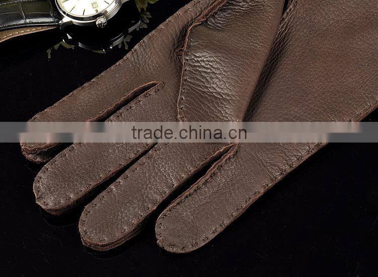 Top luxury buckle hand sewing breathable driving gloves dark brown deerskin leather gloves for men