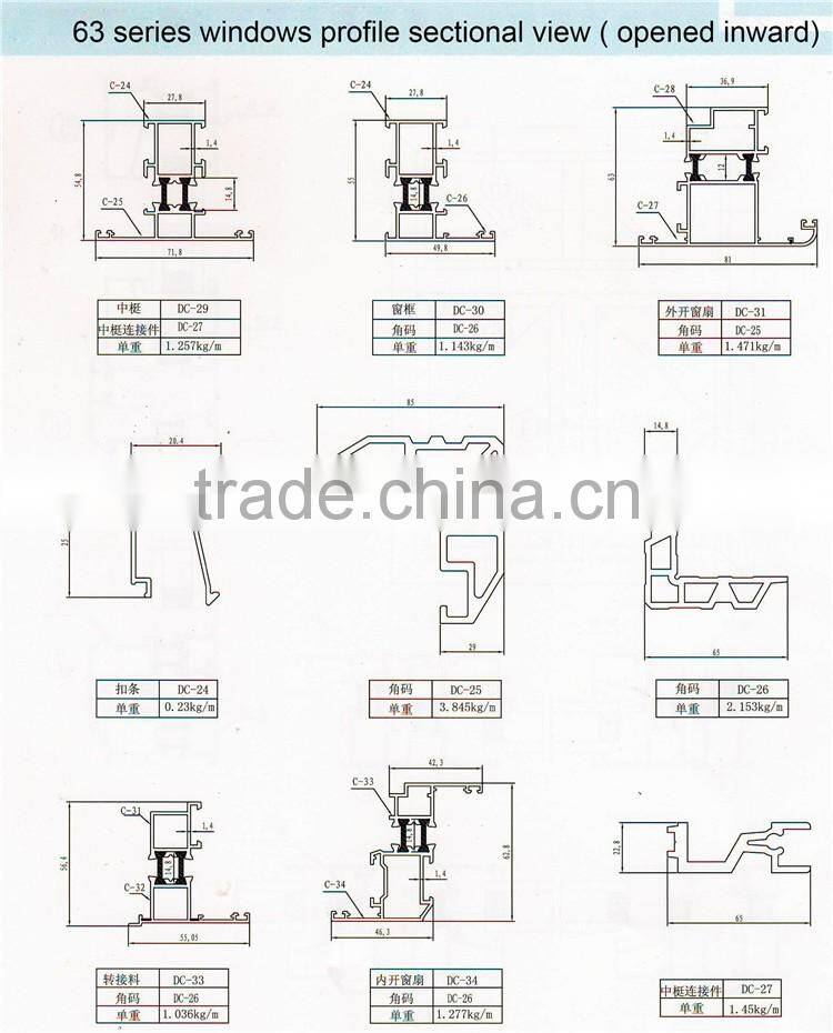 63 series windows aluminum profiles opened inward