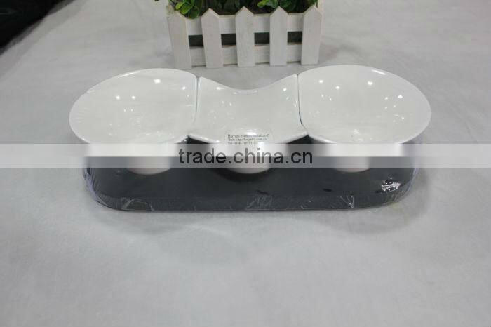 ceramic tableware bamboo plate ceramic three compartment food tray,serving tray and bowls set in ceramic and wood base