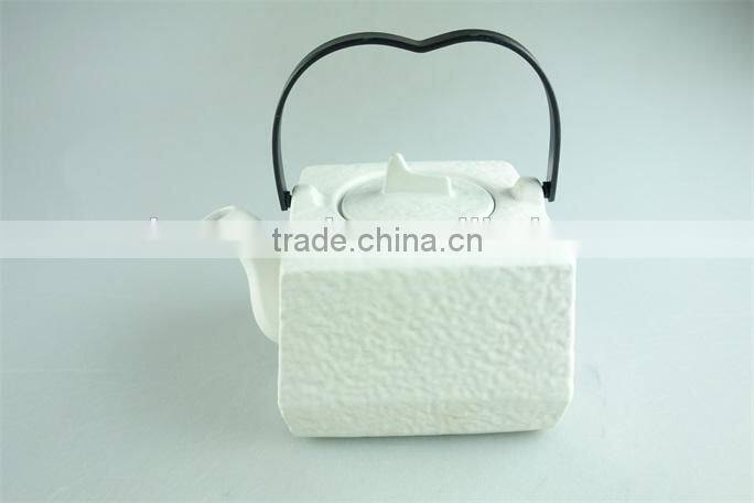 stocklot cheap white porcelain big capacity square shape teapot iron handle