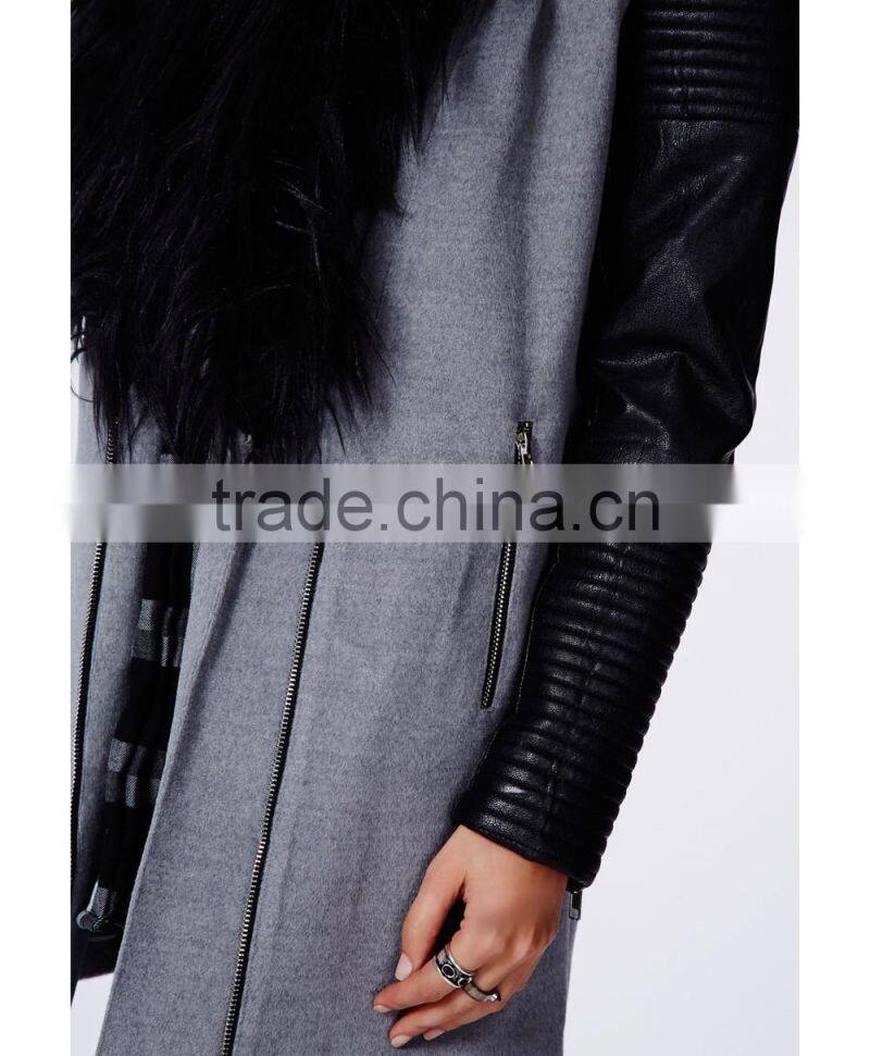 2014 New arrival cool fashion lady FAUX FUR LEATHER BIKER SLEEVE COAT